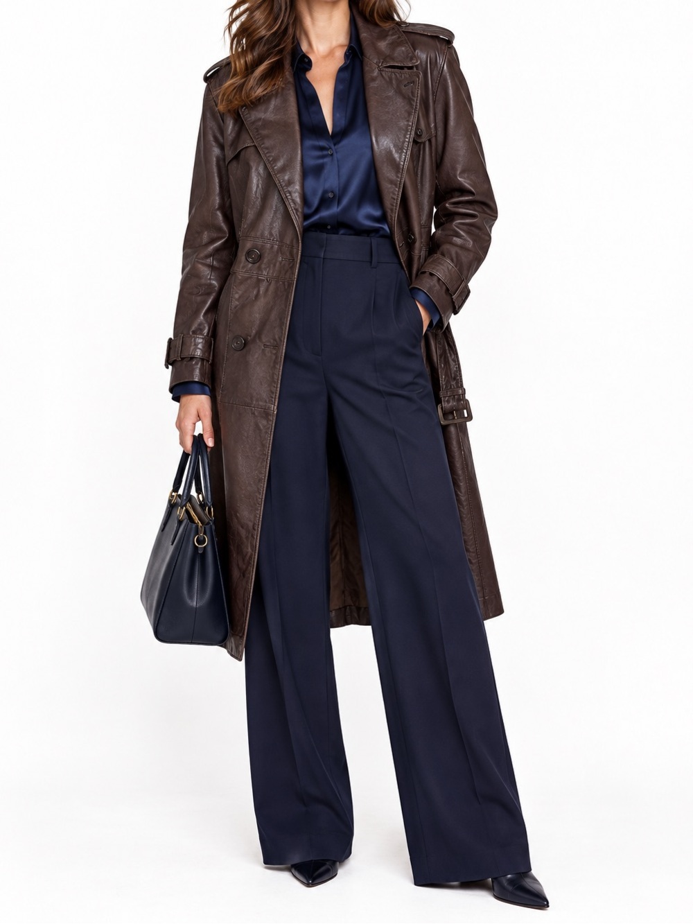 Vintage 70s Brown Leather Trench Coat women’s chocolate L XL belted long - Picture 3 of 15